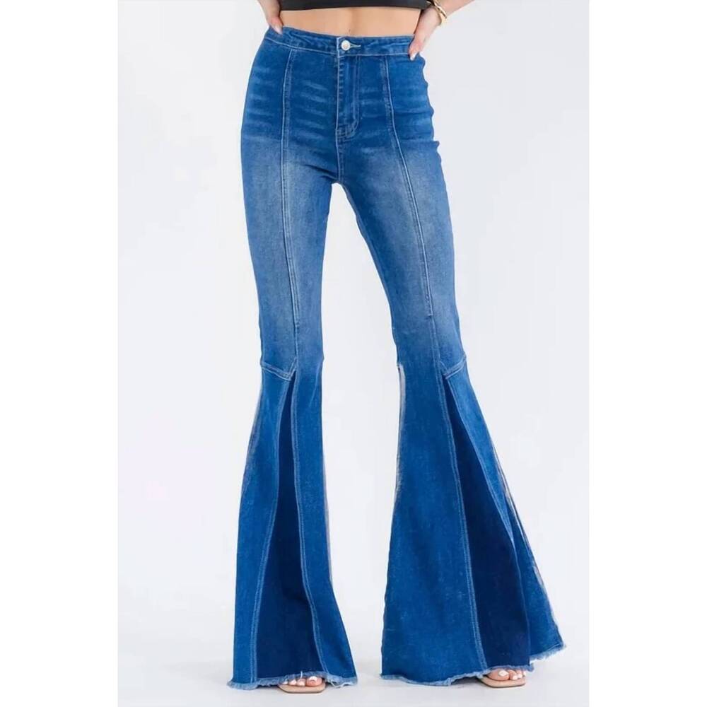 NEW SURELYMINE high rise two-tone flare jeans with frayed hem in blue